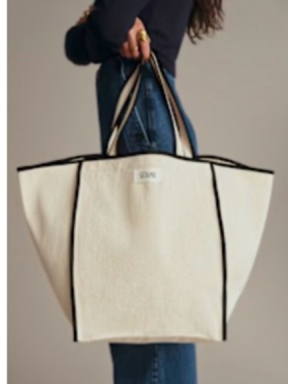 Sezane Canvas Tote Bag with Black Trim - Cream